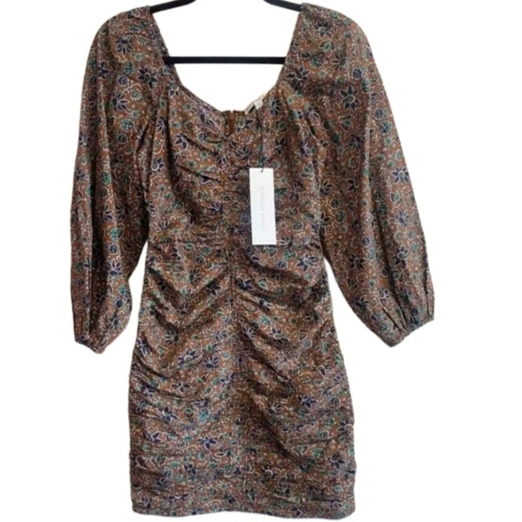 Veronica Beard Size 12 Nadi Mini Dress Puff Sleeve Ruched Cinnamon Multi Brown - Picture 5 of 11